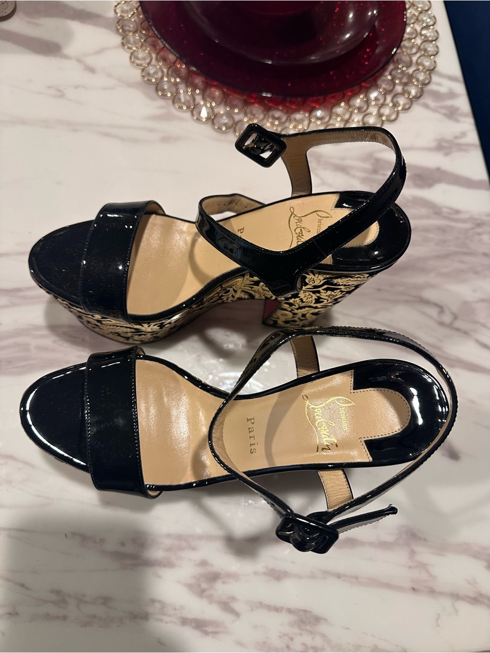 Christian Louboutin Black Patent Leather Platform Sandals with Gold Brocade - Picture 6 of 6